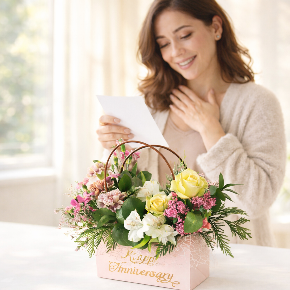 Fresh Flower Basket in Pink Keepsake Box