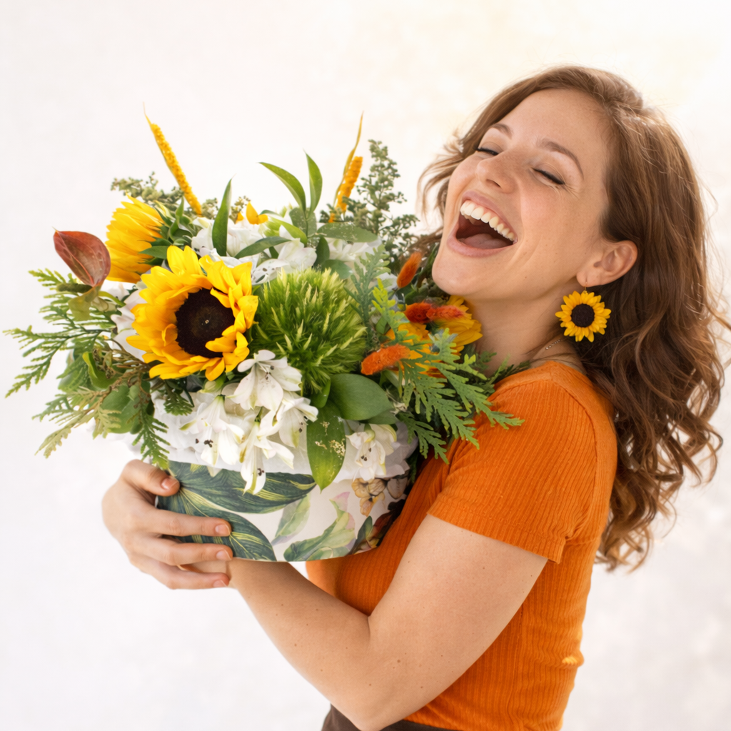 Woman holding a bouquet of flowers and laughing against a white background