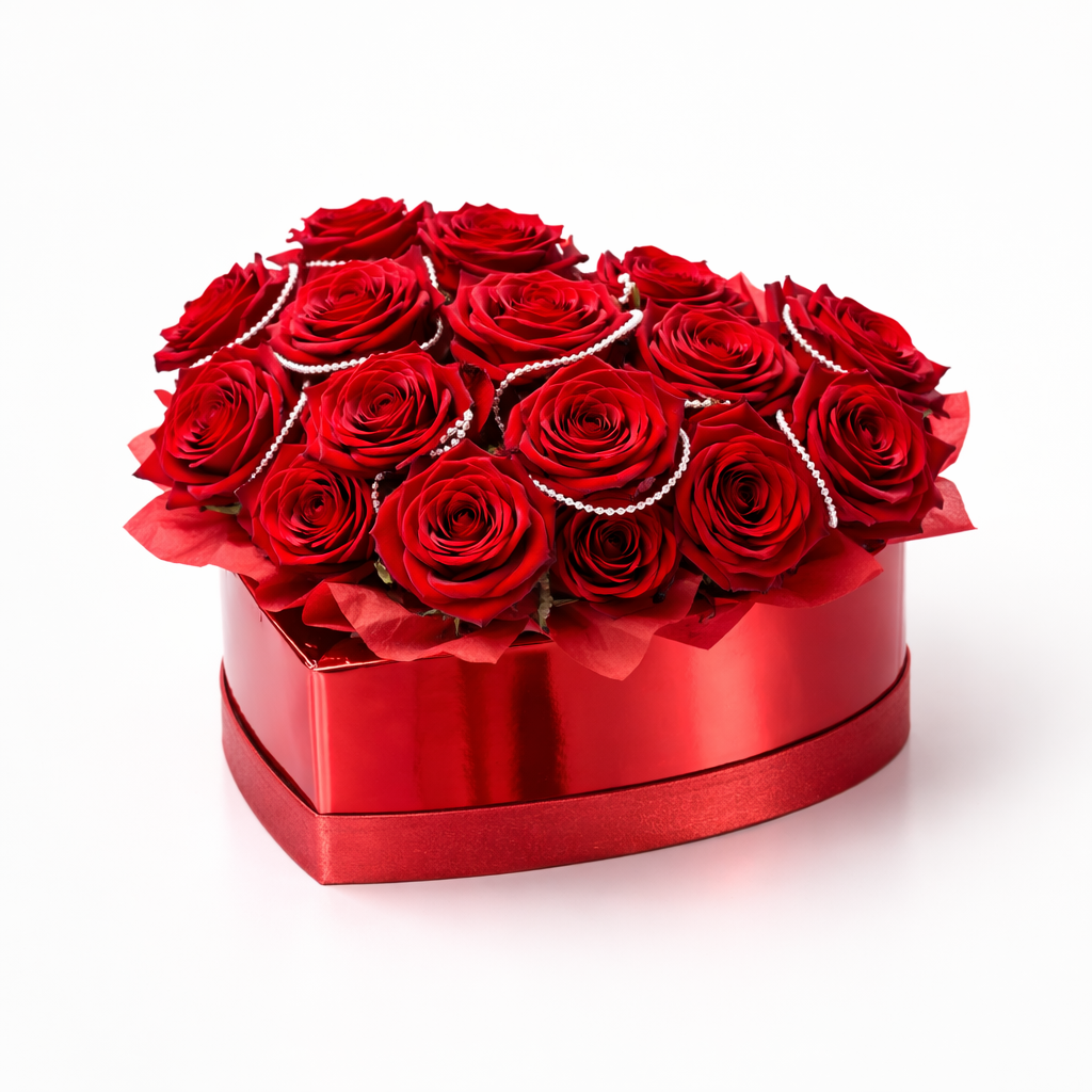 Premium Red Heart Rose Box with Pearl Bead Ribbon