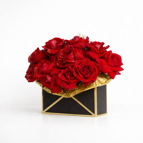 12 Lush Red Roses with Gold Dust in Black & Gold Floral Envelope – Customizable