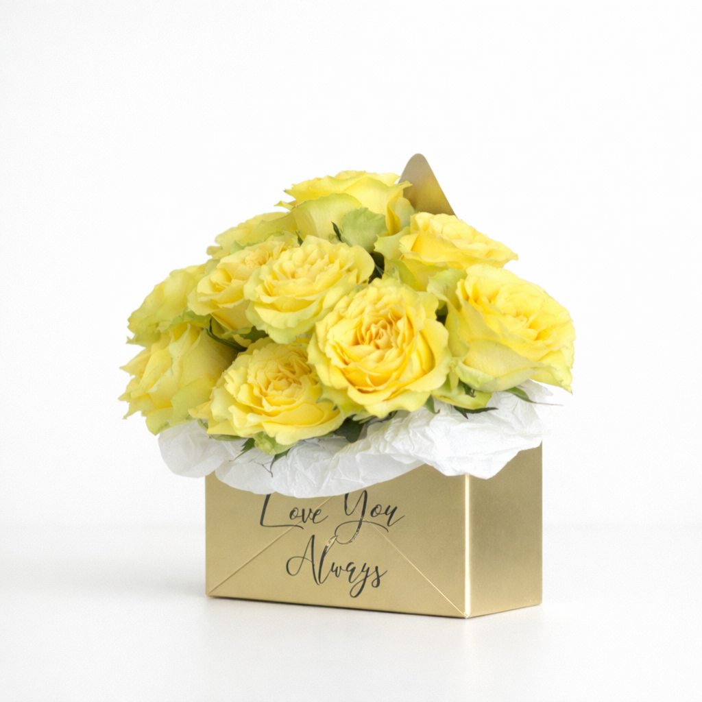 Golden Metallic Floral Envelope – 12 Yellow Roses (Customizable)