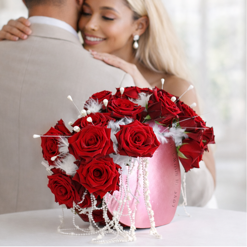 Luxury Heart Box with Roses, Feathers & Pearls