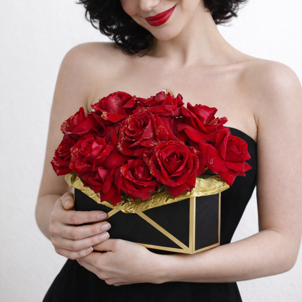 12 Lush Red Roses with Gold Dust in Black & Gold Floral Envelope – Customizable