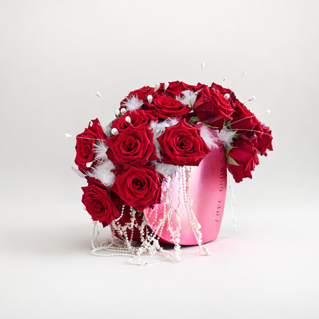 Luxury Heart Box with Roses, Feathers & Pearls