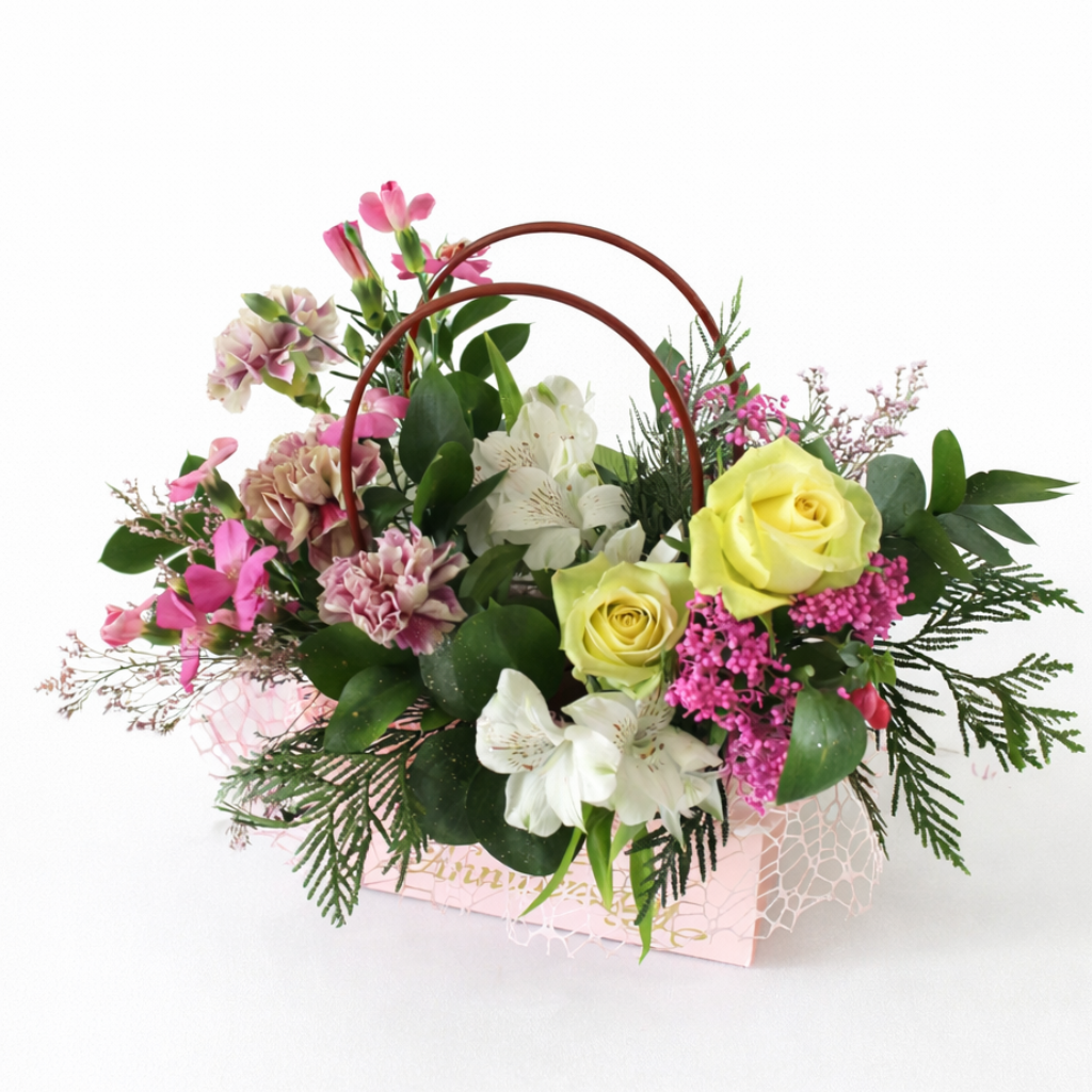 Fresh Flower Basket in Pink Keepsake Box