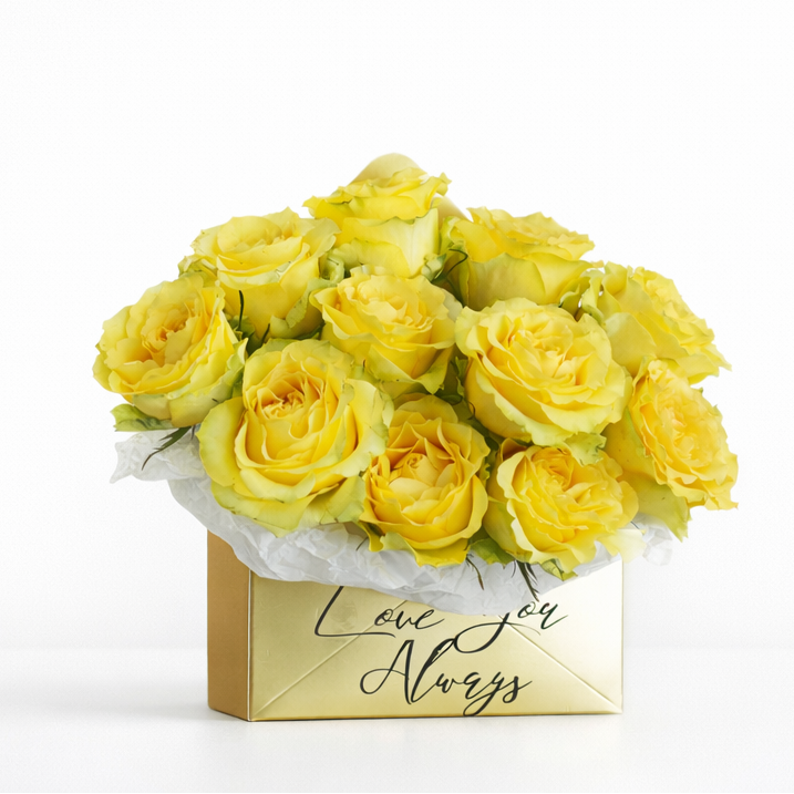 Golden Metallic Floral Envelope – 12 Yellow Roses (Customizable)