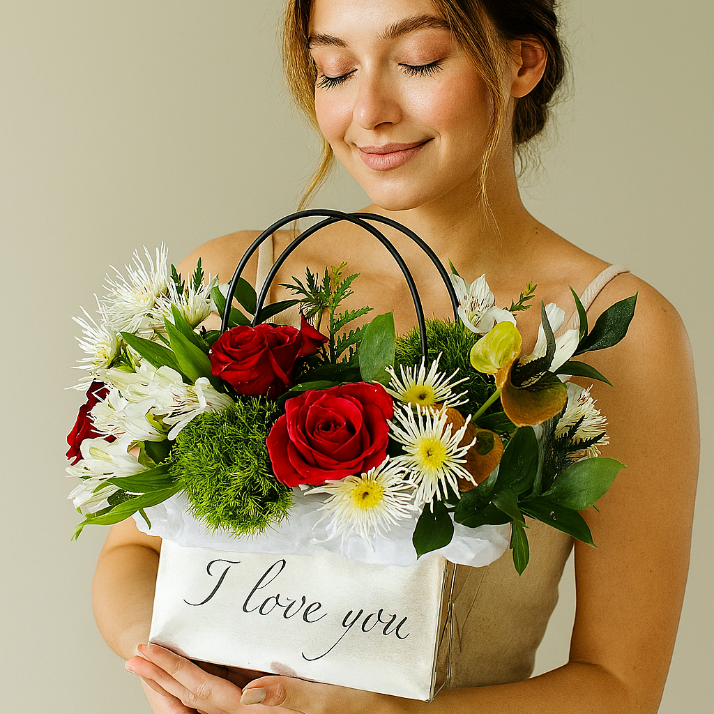 Woman holding a bouquet of flowers with a 'I love you' card against a plain background