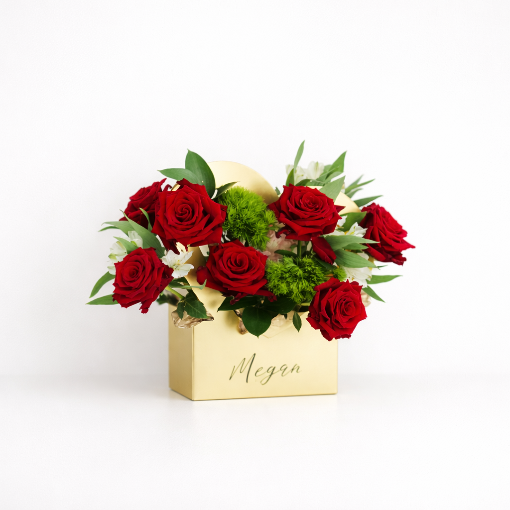 Personalized Heart Box with Red Roses - Gold