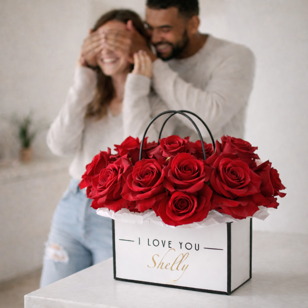 Stylish Red roses box with Your Text