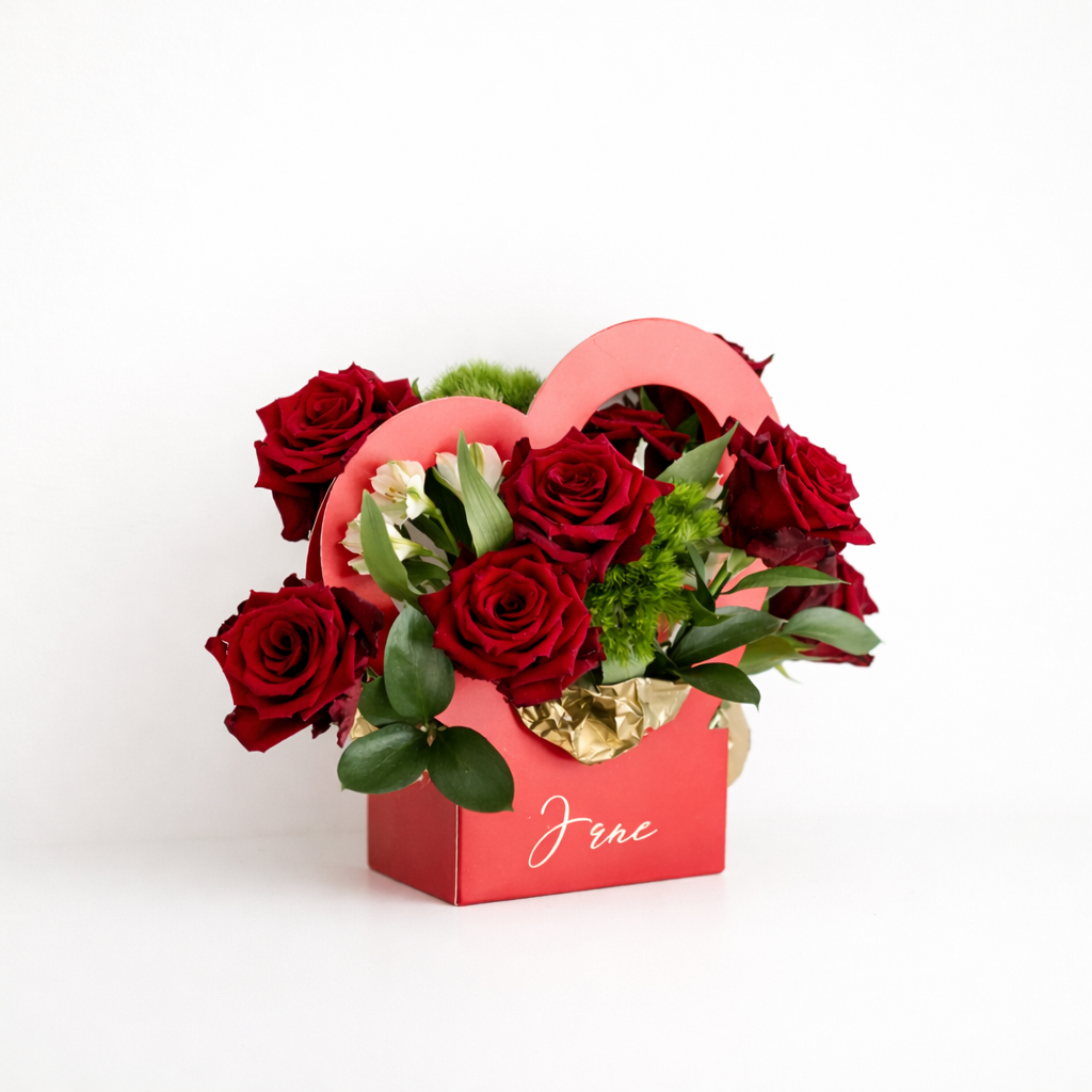Personalized Heart Box with Red Roses - Red