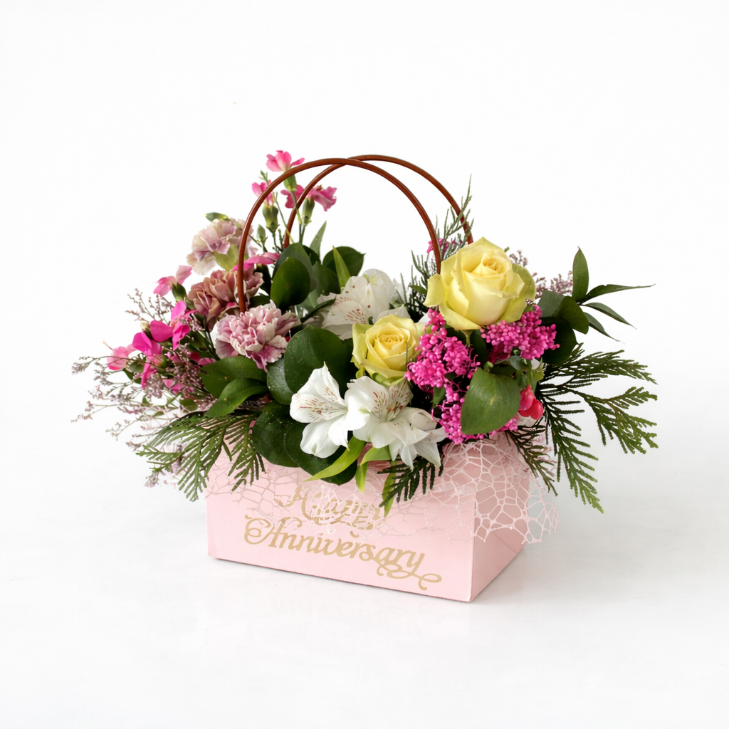 Fresh Flower Basket in Pink Keepsake Box